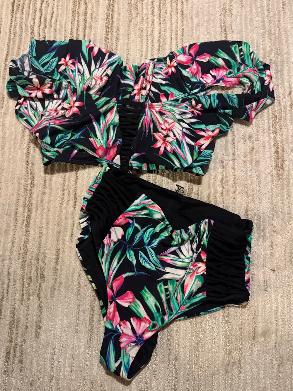TiniBikini Black Bandeau Bikini with Pink & Green Floral Print